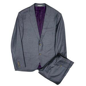 Indochino Suit Flannel Slim Fabric Striped Custom Wool Bemberg Grey 42S 38x29
